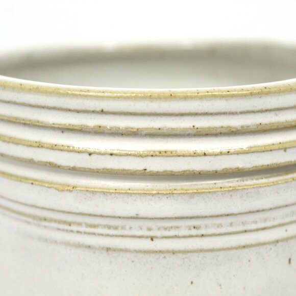 Art Pottery Beige Ribbed Rim Vase Blue Abstract Design Signed Doan - Picture 4 of 6